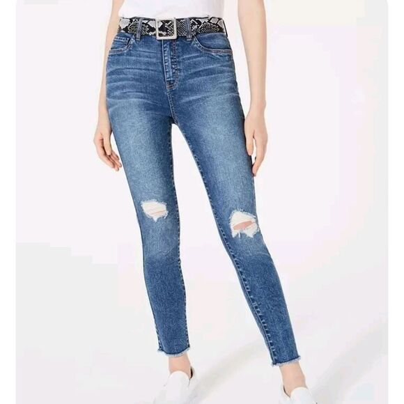 Dollhouse Juniors' Ripped Skinny Jeans With Belt Navy Size 11 - Picture 1 of 6